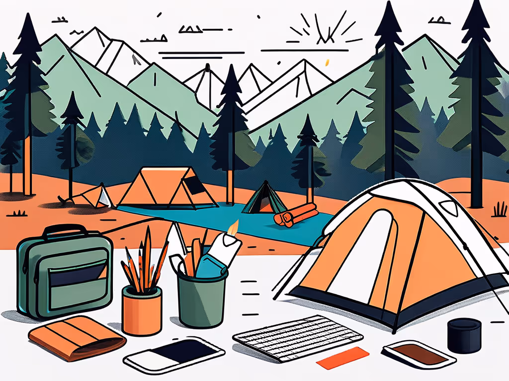 A picturesque campsite set by a lake, with multiple tents scattered around the area. The foreground displays outdoor office supplies such as a notebook, pens, a tablet, and a keyboard, indicating a remote work setup in nature. Majestic mountains and pine trees frame the background.