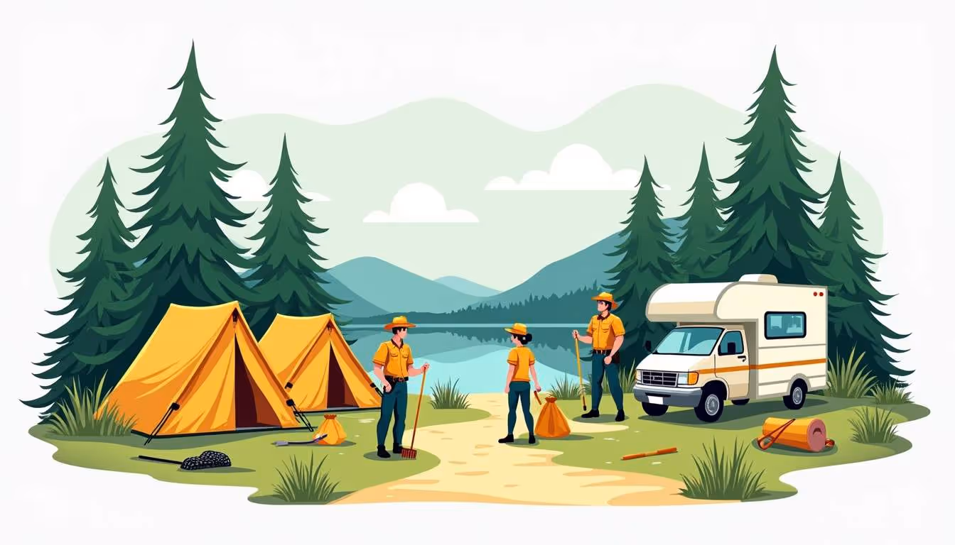  People setting up tents near a lake with an RV parked nearby, surrounded by trees and mountains.