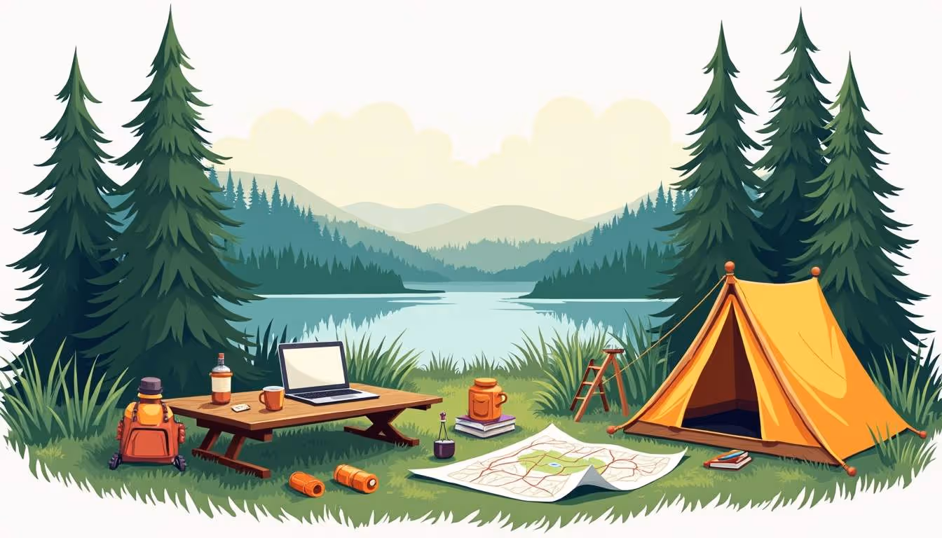 A tent, laptop on a table, and camping gear set up near a scenic lake, surrounded by pine trees and mountains.