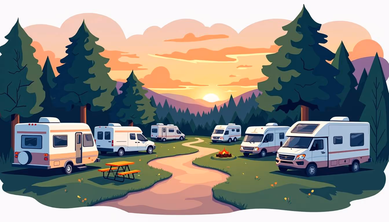 Illustrated view of an RV campground at sunset, with multiple RVs parked near a winding path. A fire pit burns in the center, surrounded by picnic tables and tall pine trees, with a colorful sunset sky in the background.