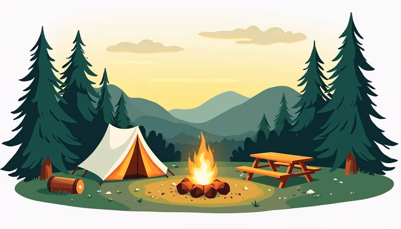 Illustrated view of a cozy campsite at sunset with a white tent, a burning fire pit, a wooden picnic table, and tall pine trees, set against a backdrop of rolling hills and a golden sky.