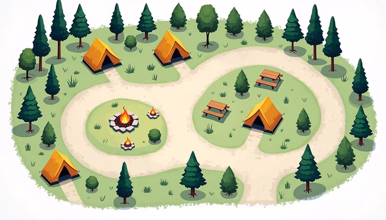 Illustrated aerial view of a campground layout featuring several yellow tents, a central fire pit surrounded by stones, picnic tables, and a winding path lined with pine trees and greenery.