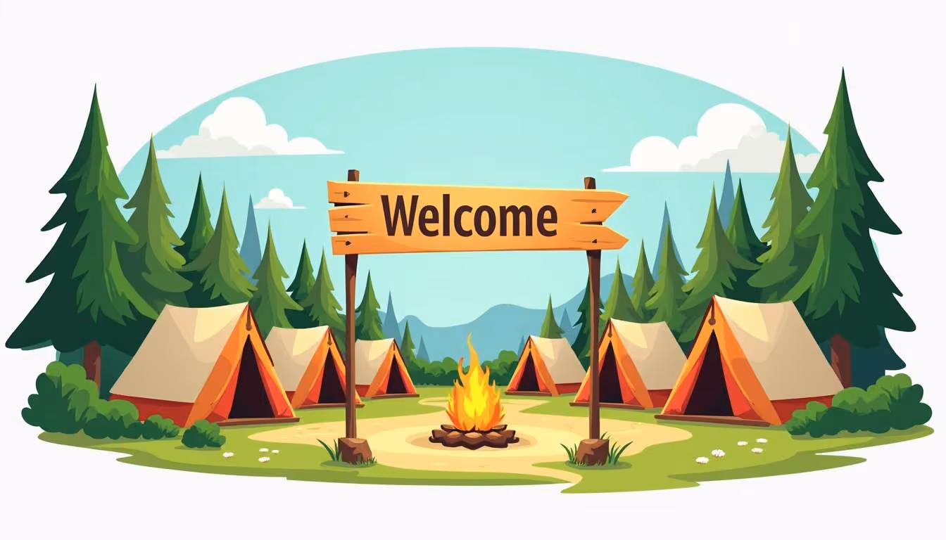 Illustrated campground entrance with a large wooden ‘Welcome’ sign above a campfire ring, surrounded by multiple orange tents and pine trees, with distant mountains in the background.
