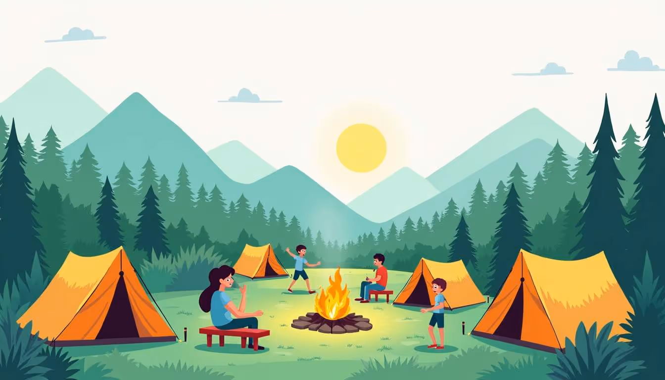 Illustrated family campsite scene with several orange tents surrounding a central campfire, where adults and children are sitting, chatting, and playing, set in a lush forest clearing with sunlit mountains in the distance.