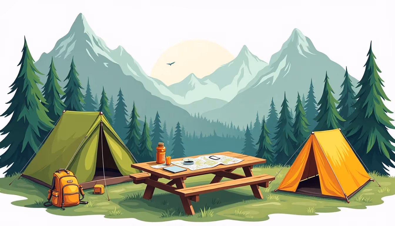 Illustrated campsite scene with two pitched tents—one green and one yellow—beside a wooden picnic table covered with maps and gear, set against a backdrop of pine trees and tall mountains under a rising sun.