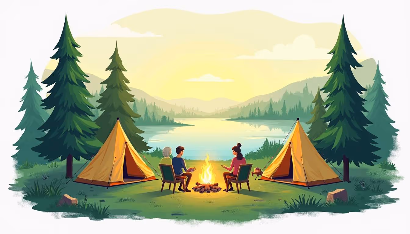 Illustrated tranquil campsite at sunset, with three people sitting around a campfire between two orange tents, overlooking a calm lake and distant forested hills.