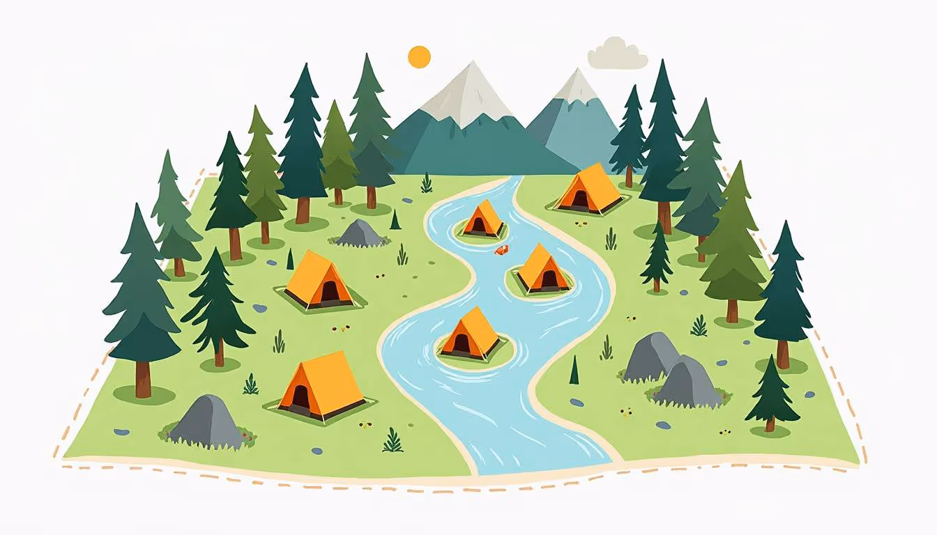Illustrated aerial view of a scenic campground with orange tents pitched on grassy islands in a winding river, surrounded by pine trees, mountains, and a bright sun.