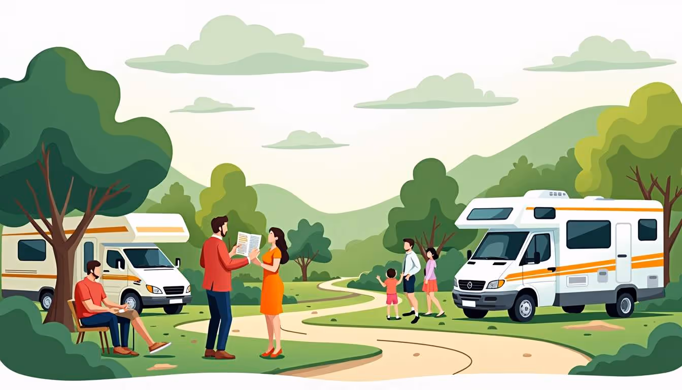 Illustrated scene of people enjoying a day at an RV campground, with families and couples near parked RVs, chatting, relaxing, and walking along a winding trail in a green, hilly landscape.