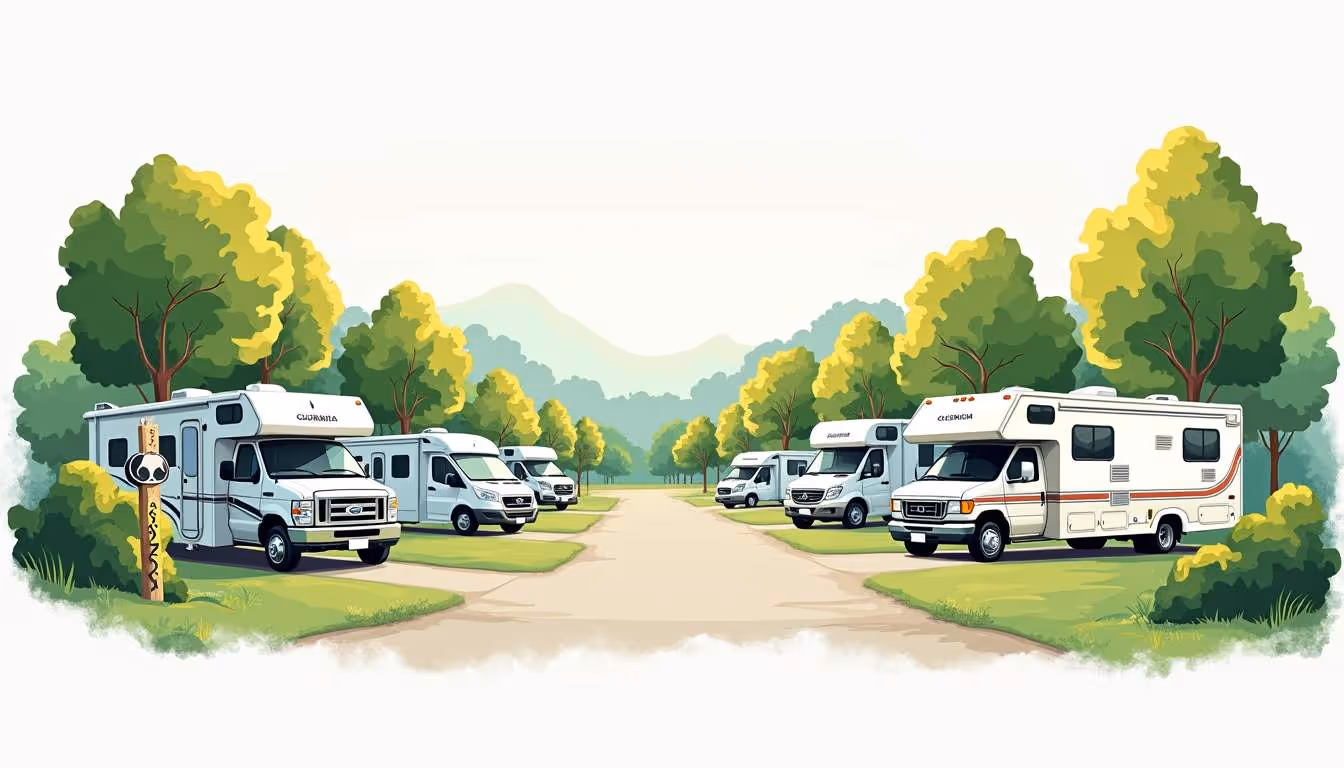 Illustrated RV campground with multiple RVs neatly parked on both sides of a wide path, surrounded by lush trees and distant mountains under a clear sky.