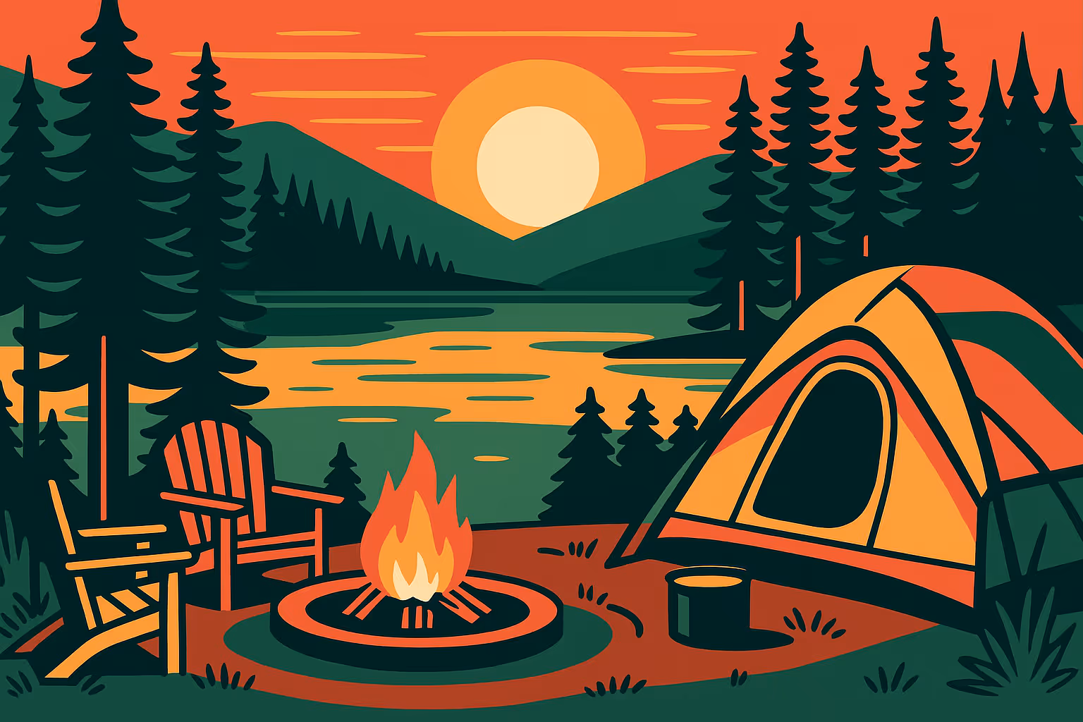 A tent rests on a lakeside at sunset, surrounded by pine trees and distant mountains, with two water bottles nearby on a wooden dock.