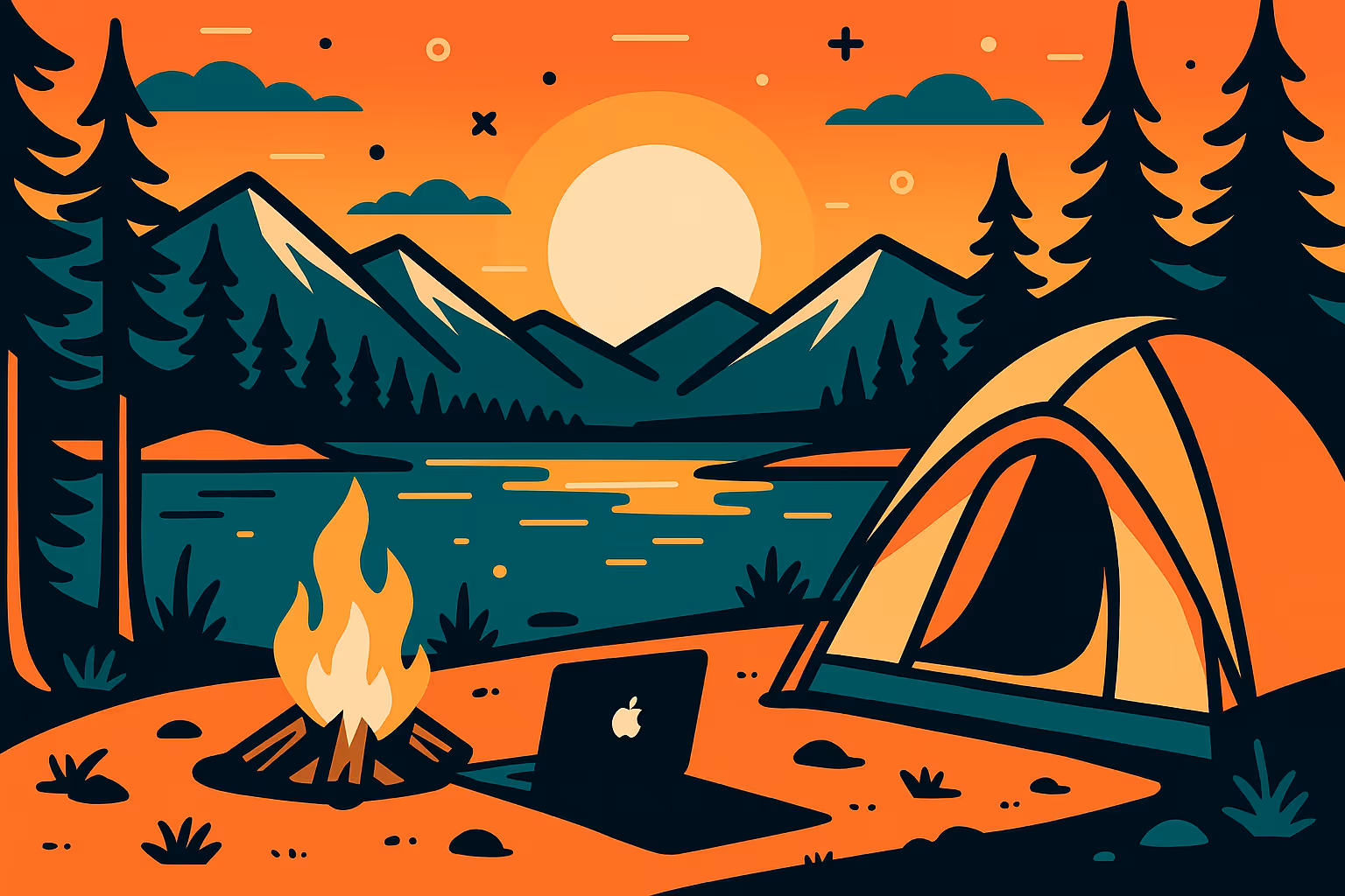 A laptop rests on the ground near a campfire, beside a tent. Set against a scenic backdrop of mountains, trees, and a lake at sunset.