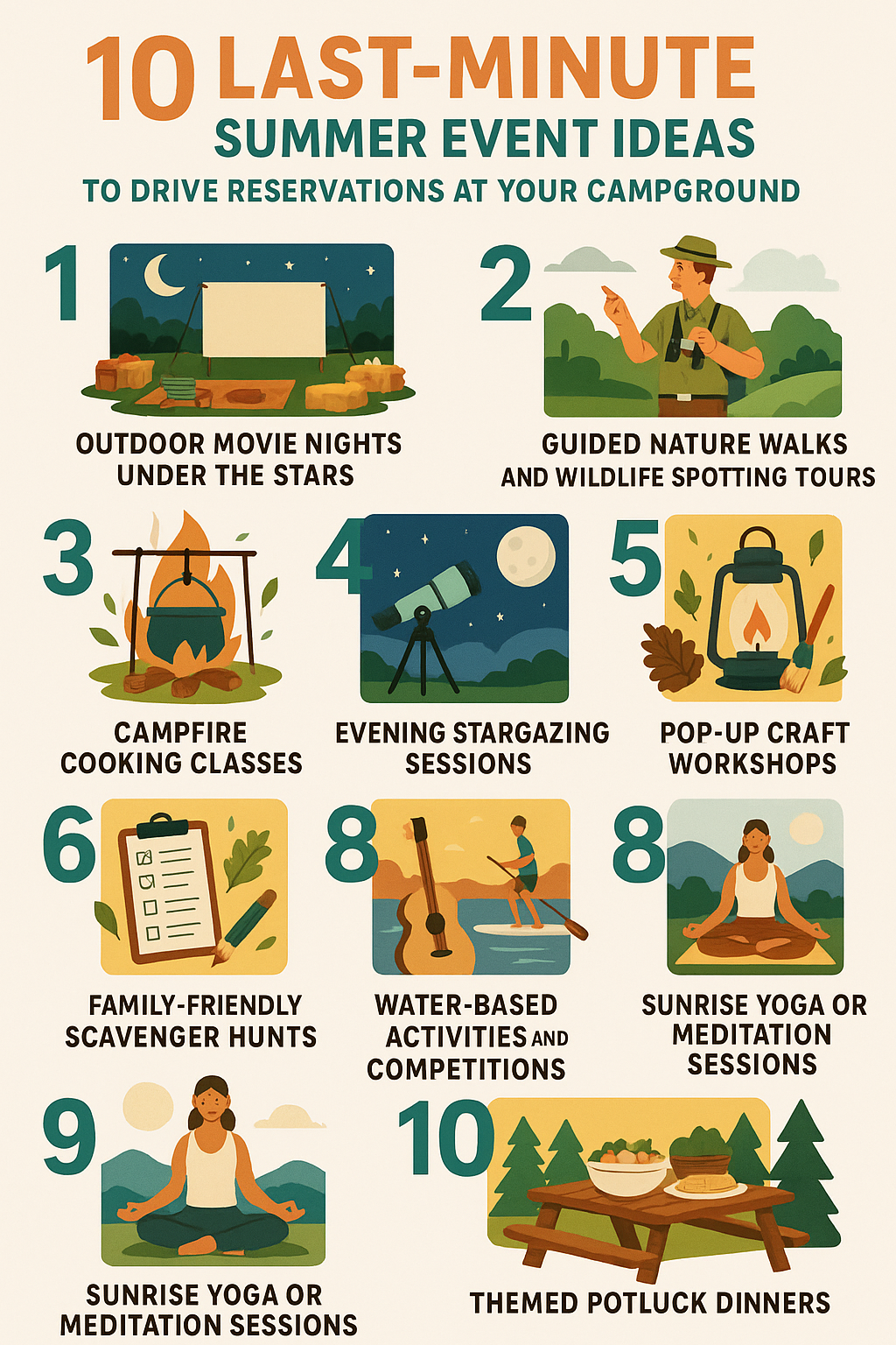 Infographic showing 10 last-minute summer campground events like movie nights, stargazing, crafts, yoga, and potluck dinners