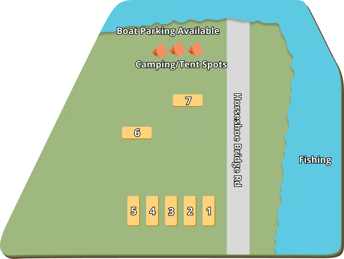 Small campground layout plan with waterfront tent camping, RV sites, fishing access, and boat parking.