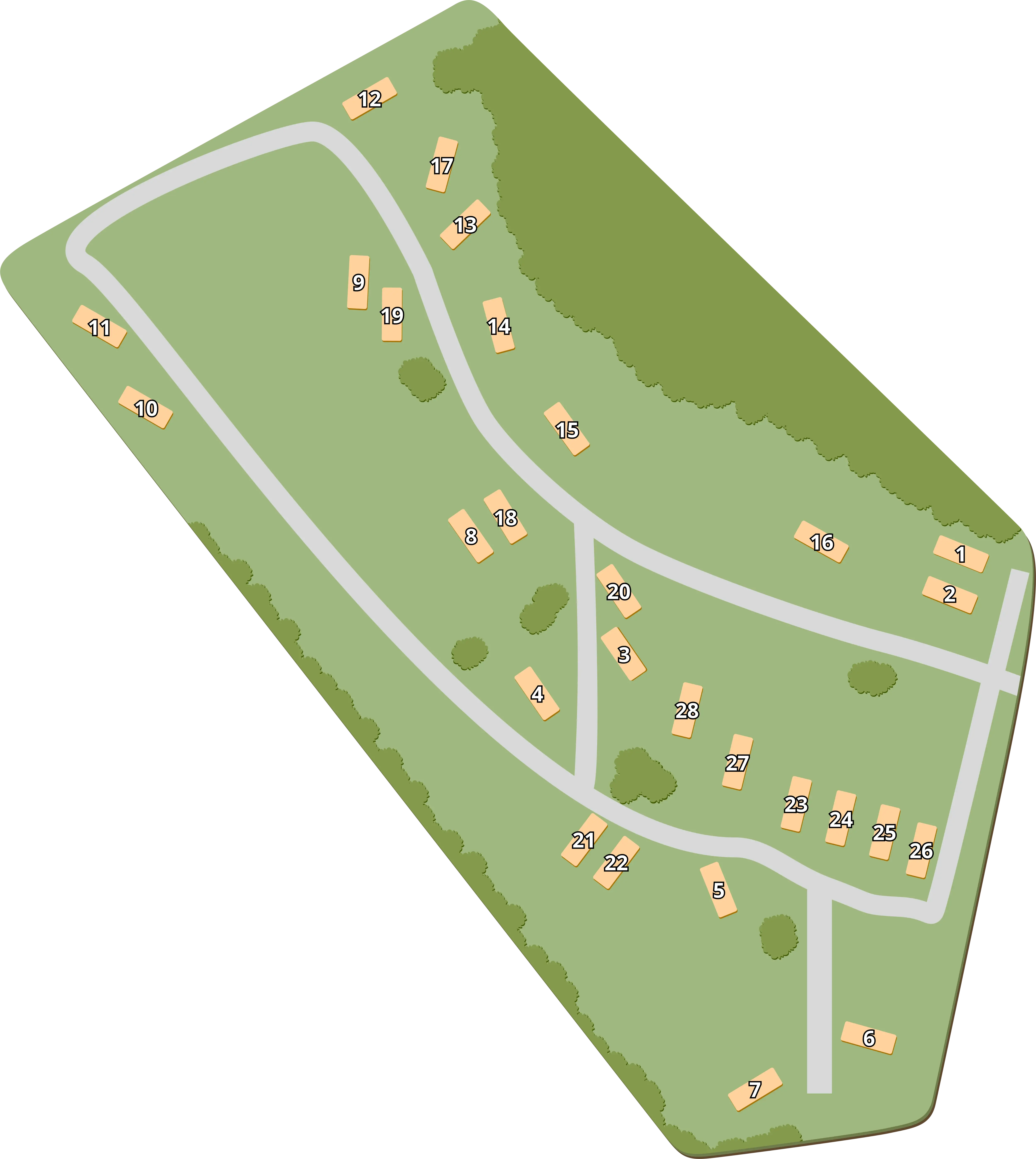 Small RV park layout example on an irregular parcel with 28 sites, curved roads, and green space.