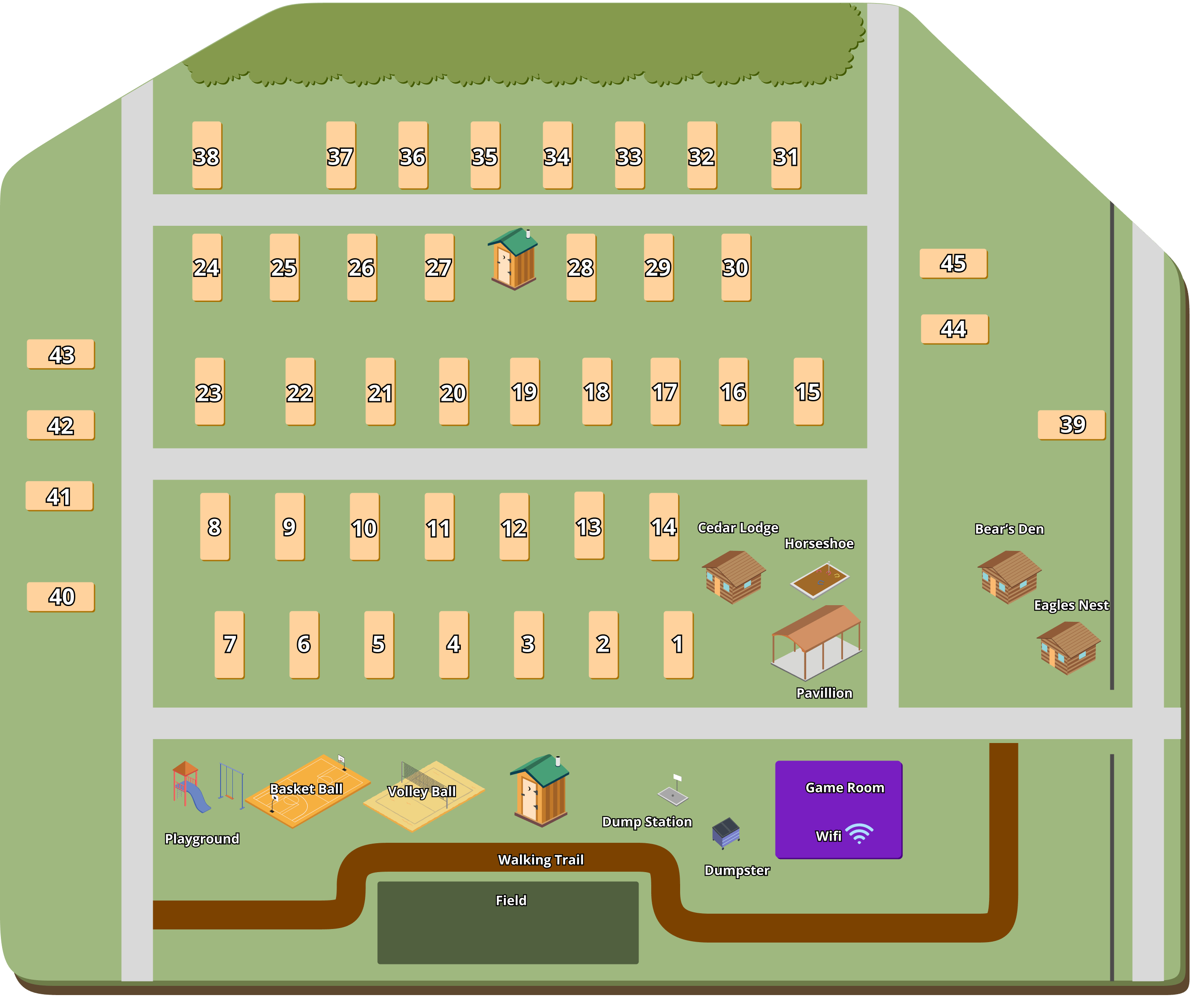 Campground expansion layout with RV sites, cabins, pavilion, playground, game room, walking trail, and dump station.
