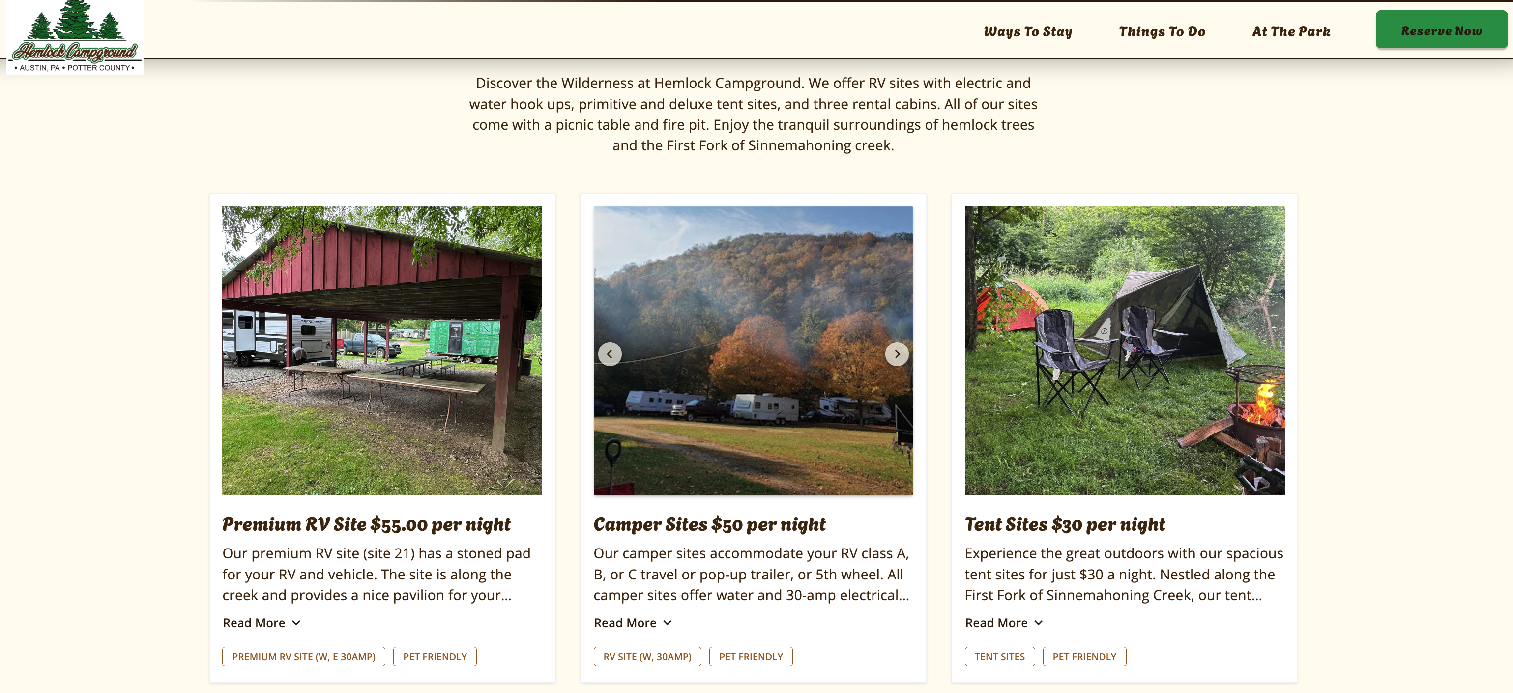 Campground website displaying RV sites, camper sites, and tent sites with photos, rates, amenities, and reservation options.