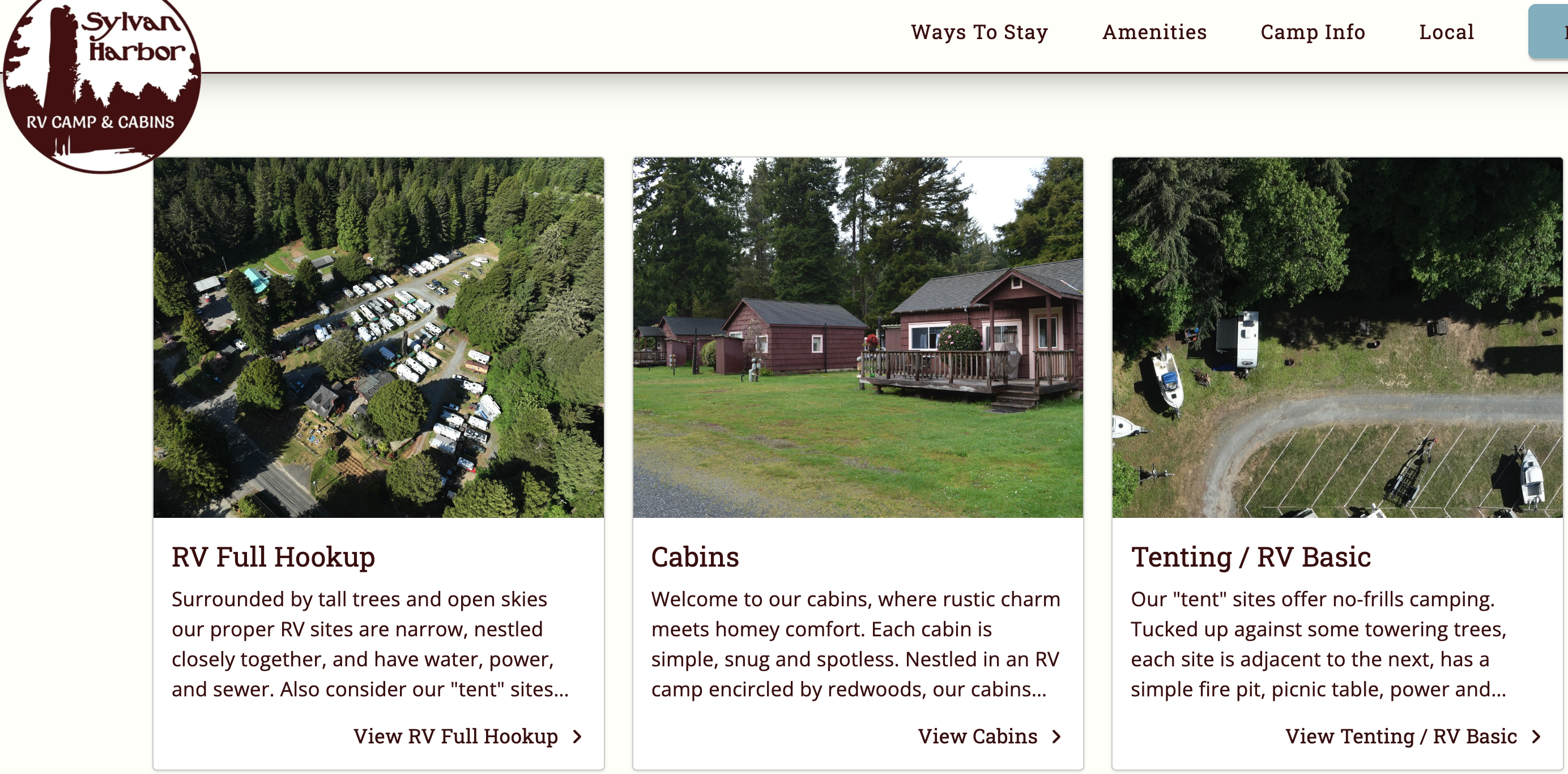 Campground website showing RV full hookup sites, cabins, and basic tent and RV sites with photos and accommodation details.