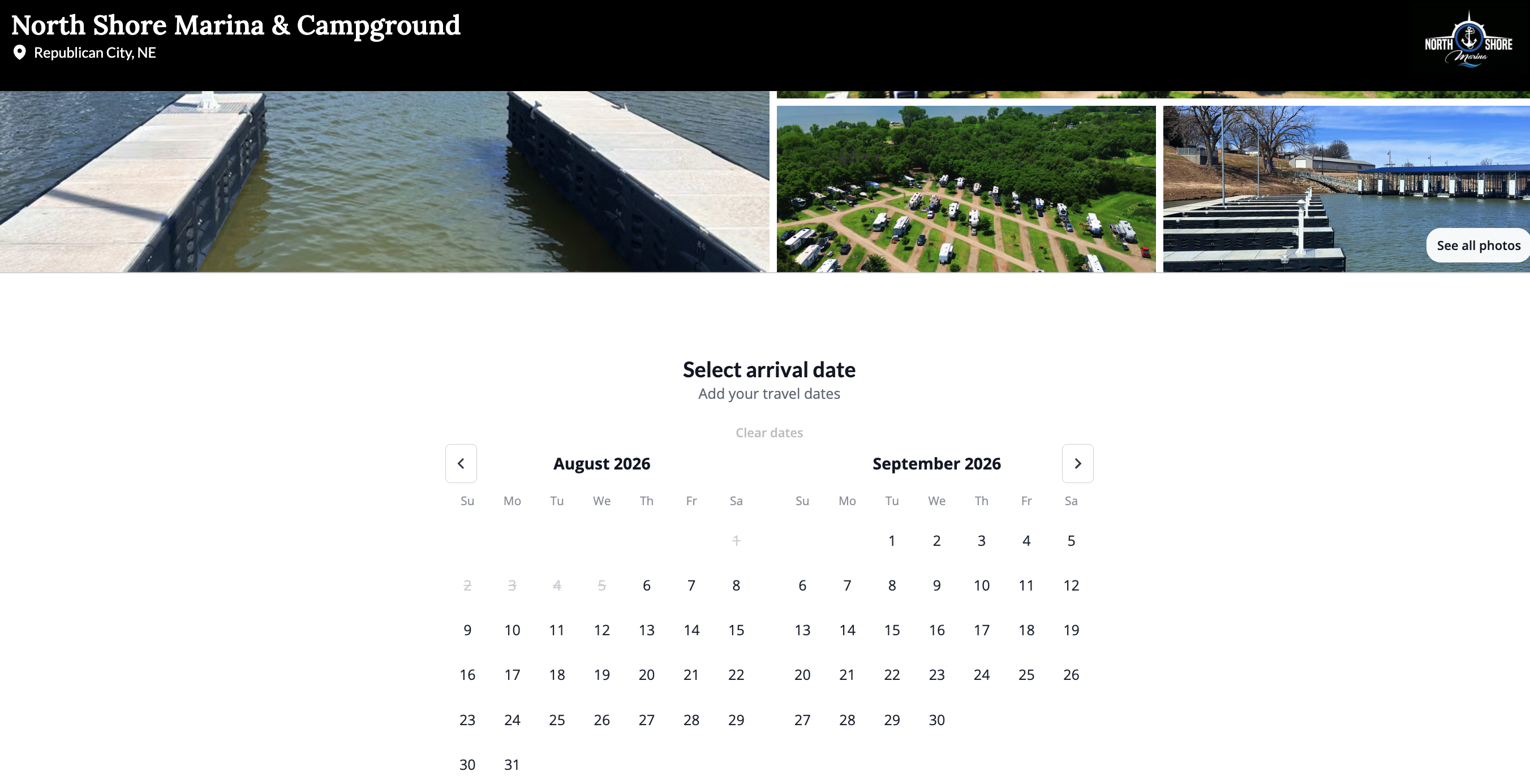 Campground booking page using Park With Use campground management softwarefor North Shore Marina & Campground showing marina and RV park photos with an arrival date calendar for reservations.