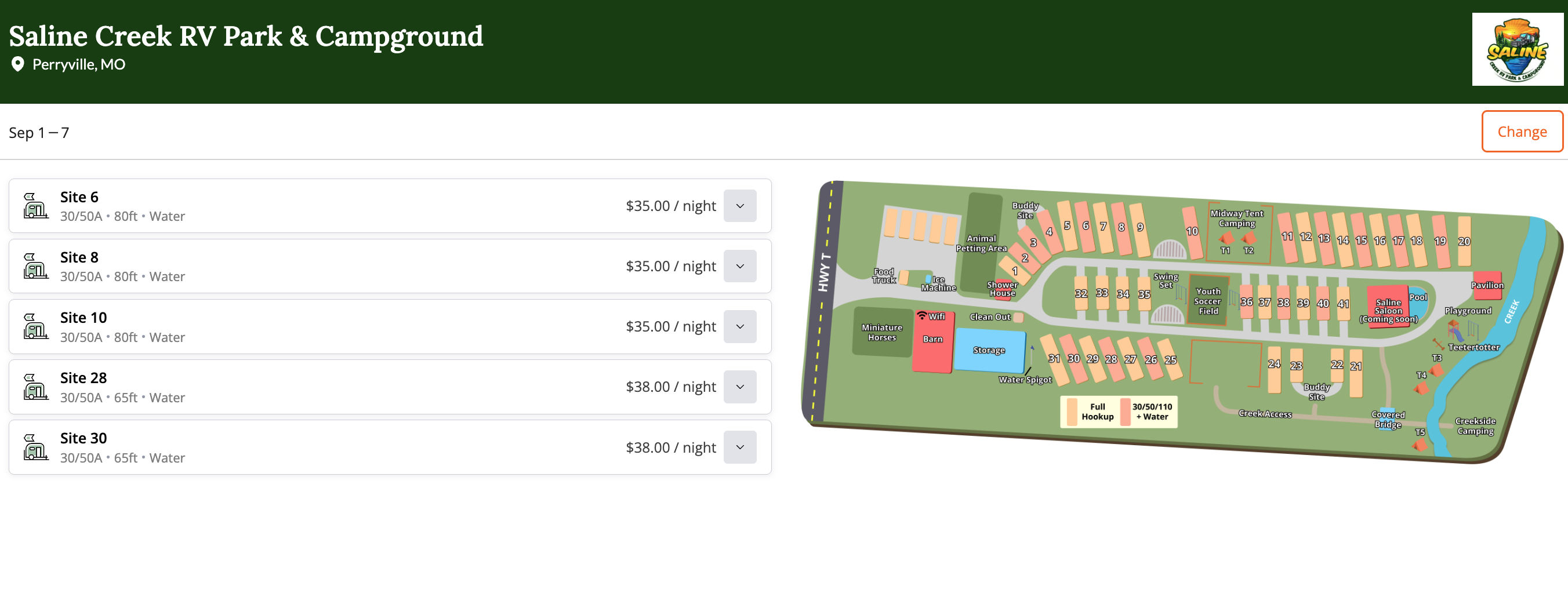 Saline Creek RV Park & Campground using Park With Us campground management software to display available RV sites, nightly rates, and an interactive campground map.
