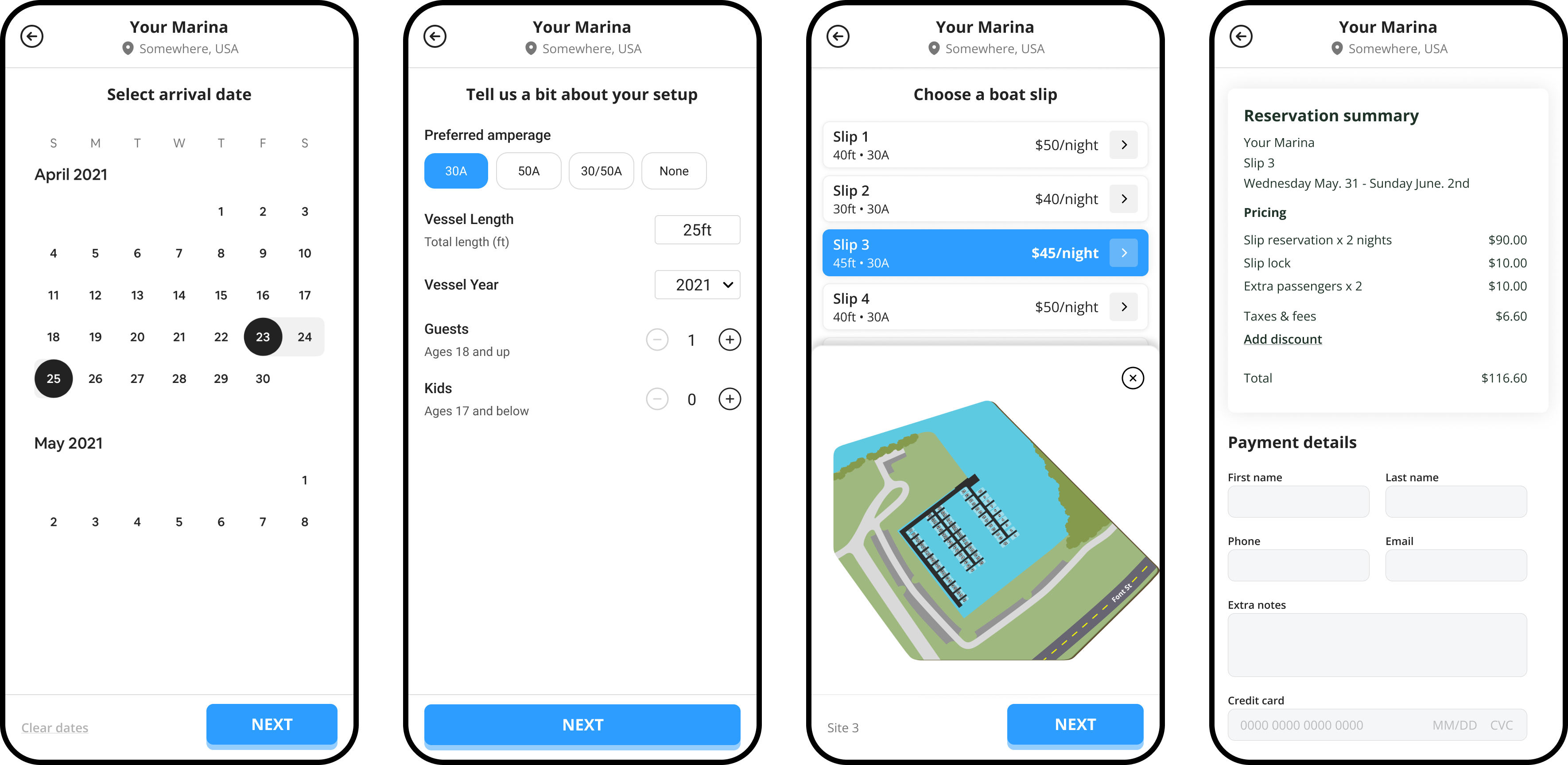 Park With Us marina management software showing the mobile booking process for selecting dates, entering vessel details, choosing a boat slip, and completing a reservation.