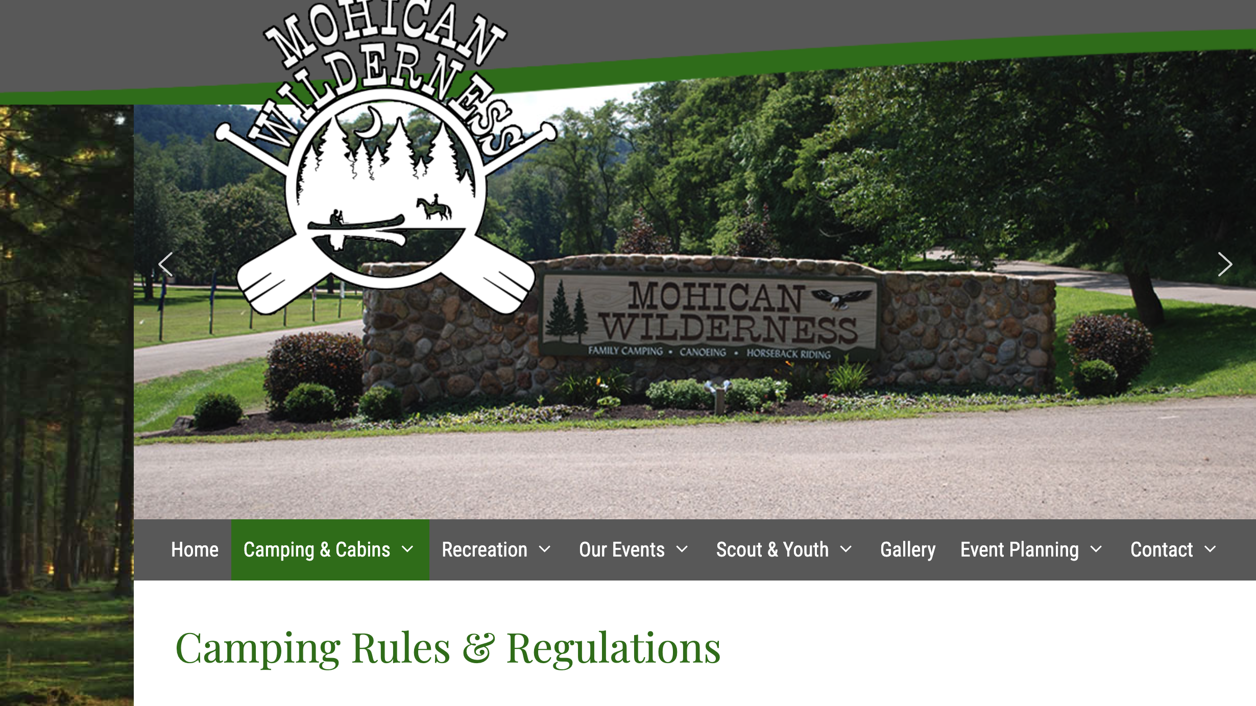 Mohican Wilderness Campground website showing the campground entrance, navigation menu, and Camping Rules & Regulations page.