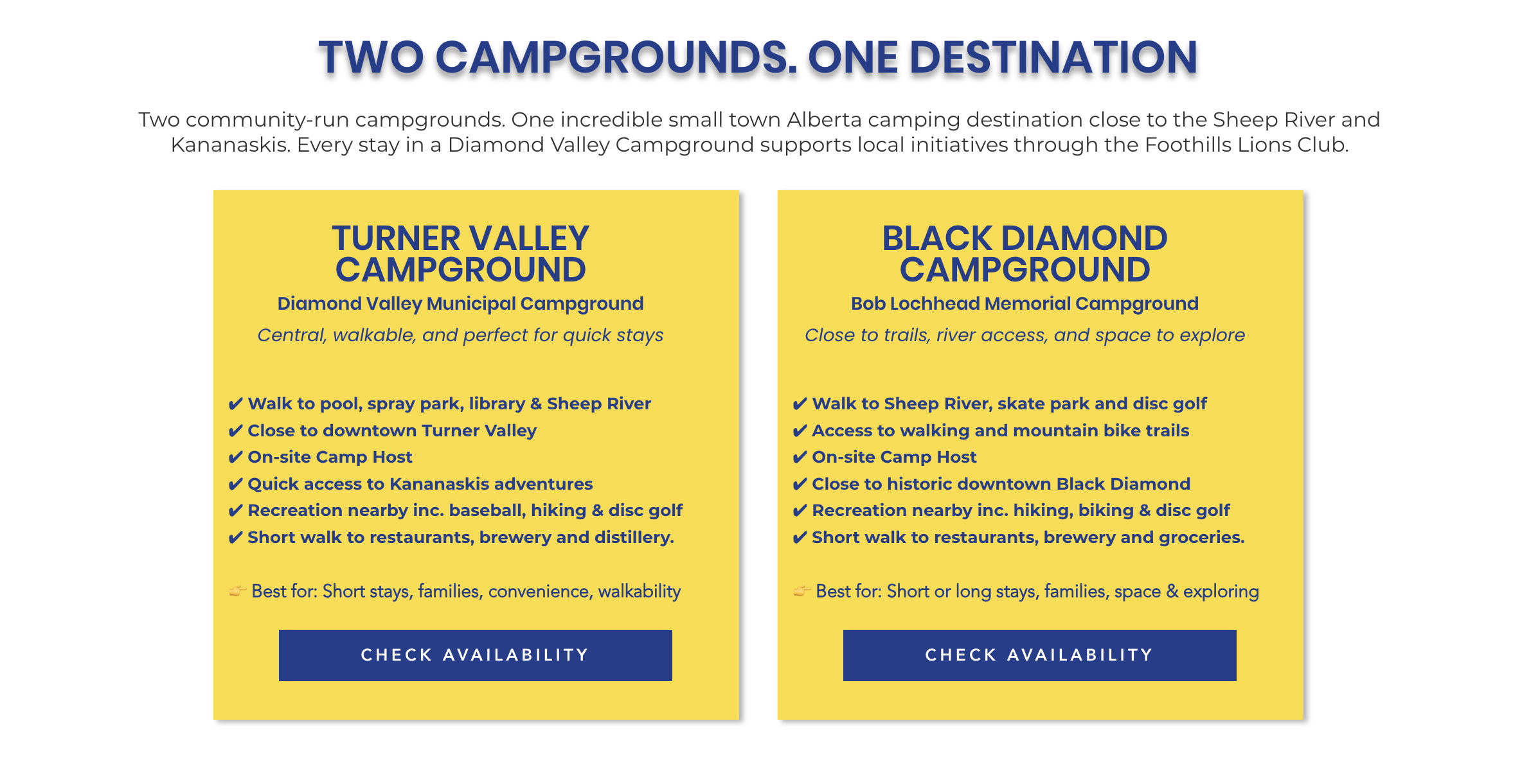 Foothills Lions Club website comparing Turner Valley Campground and Black Diamond Campground in Alberta, highlighting nearby attractions, amenities, and booking options for each location.