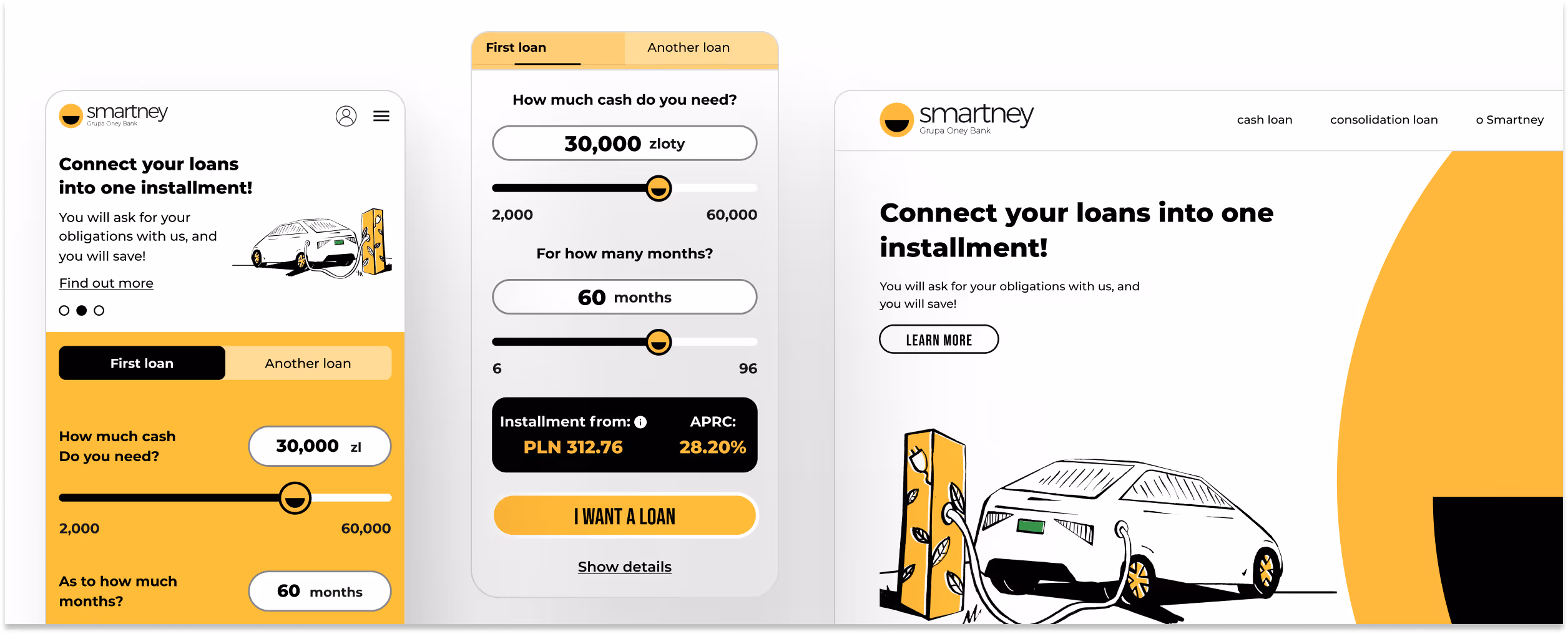 Smartney’s digital loan application interface displayed on a laptop, showing an online identity verification step with a secure bank connection.


