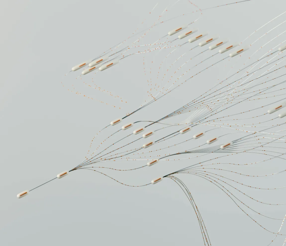 Abstract network visualization symbolizing rapid team scaling, agile workflows, and streamlined development processes in digital health projects.