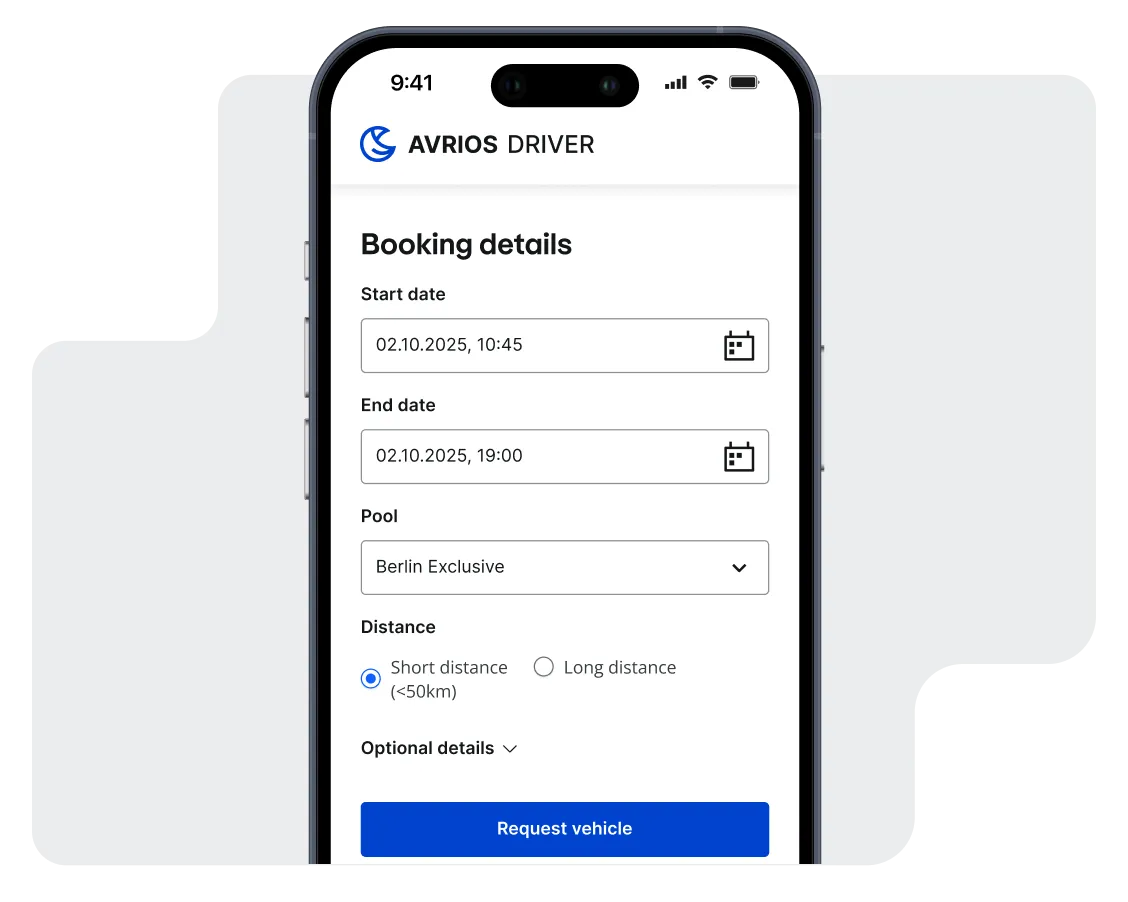 Avrios corporate car sharing – driver vehicle booking and reservation interface