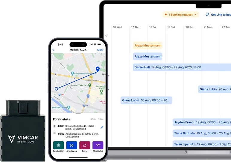 Vimcar driver logbook with automated trip entries transferred from Avrios bookings