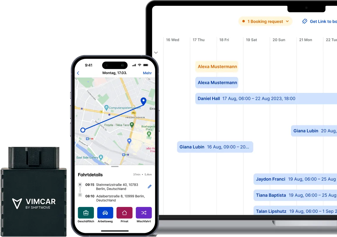 Vimcar driver logbook with automated trip entries transferred from Avrios bookings