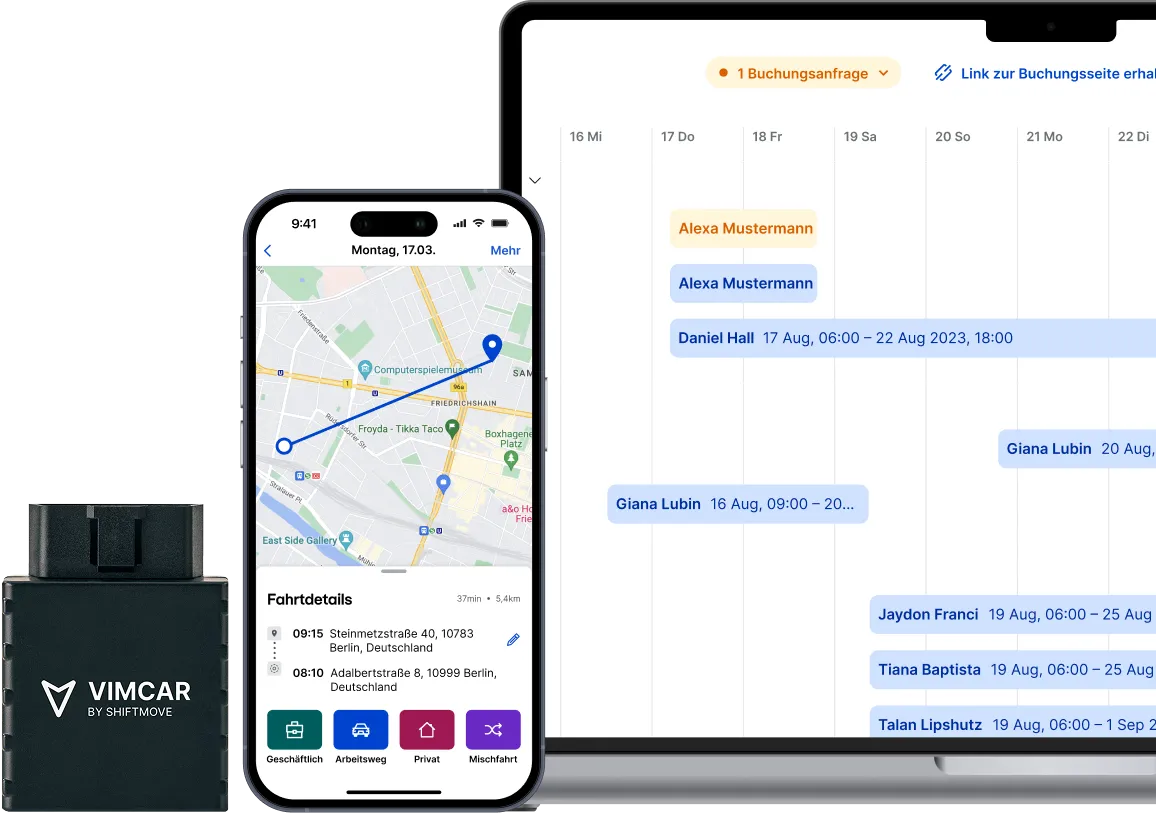Vimcar driver logbook with automated trip entries transferred from Avrios bookings