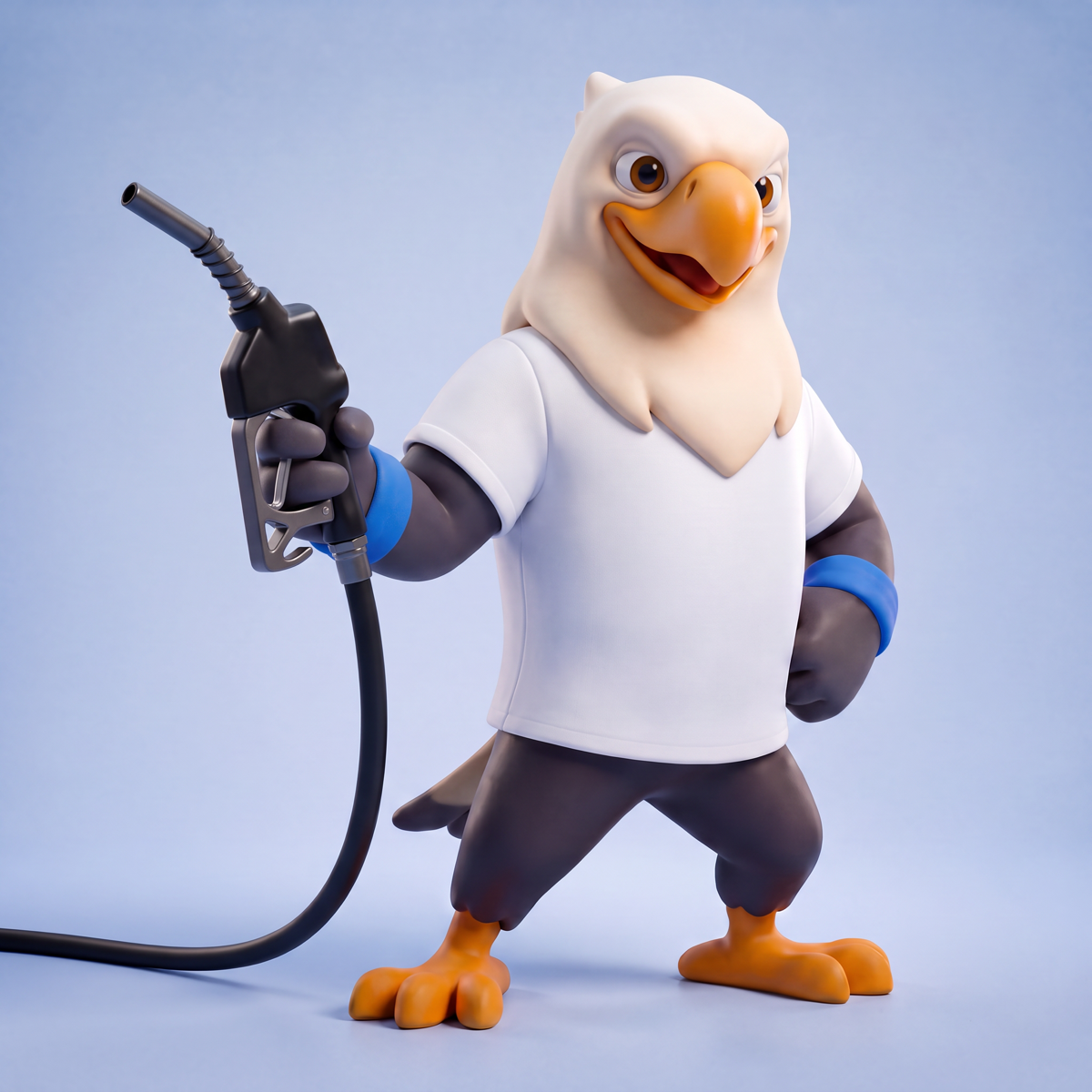 George the eagle mascot holding a fuel nozzle