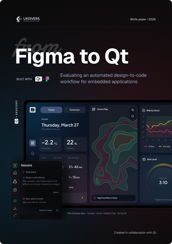 Cover of the "From Figma to Qt" whitepaper by UXDivers and Qt, featuring the Climate Box frost risk dashboard and project details: Toradex Verdin iMX8M Plus, Qt Quick.