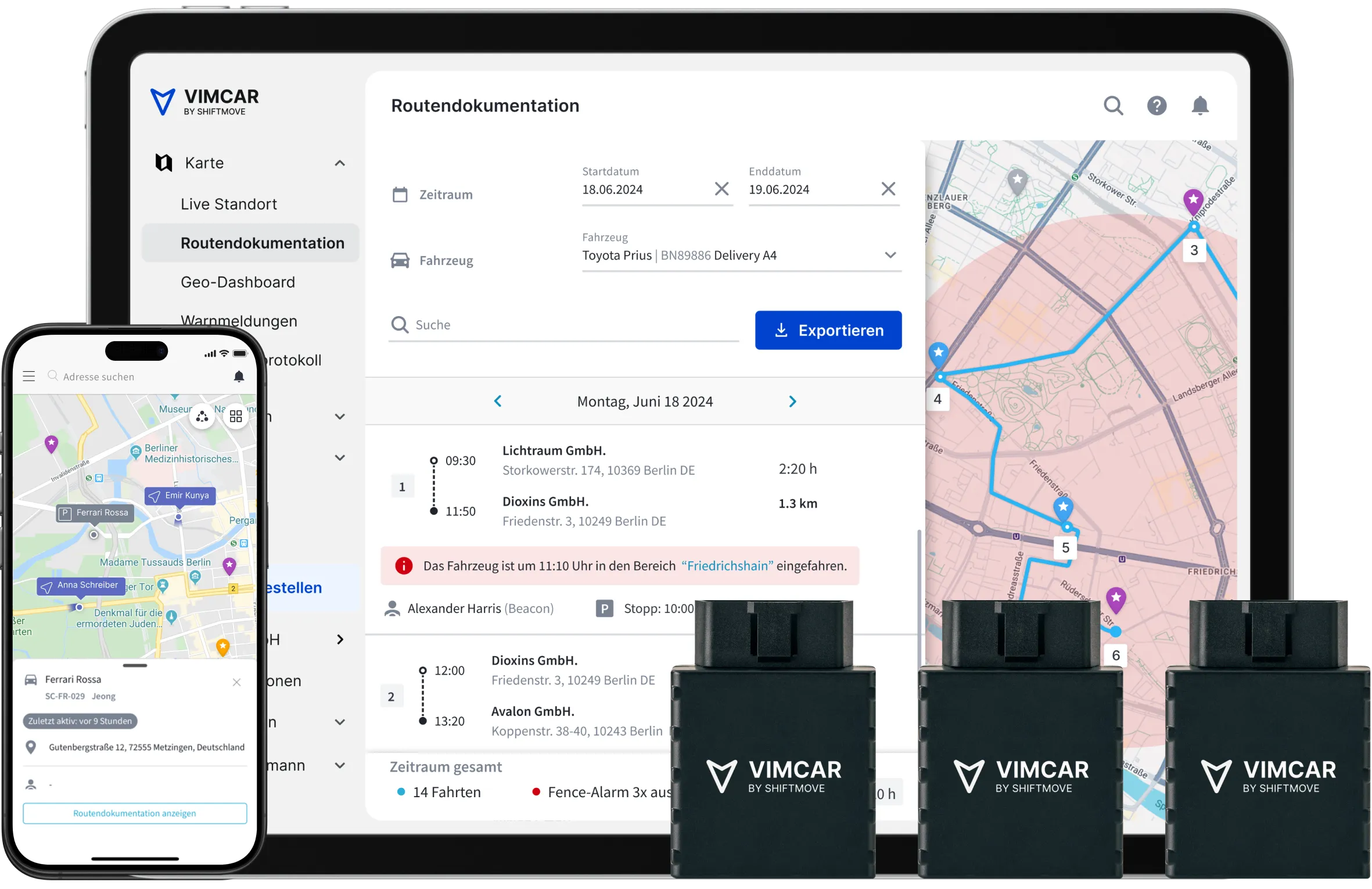 Vimcar Software auf einem Tablet und Mobilgeräten neben drei Vimcar Dongles dargestellt