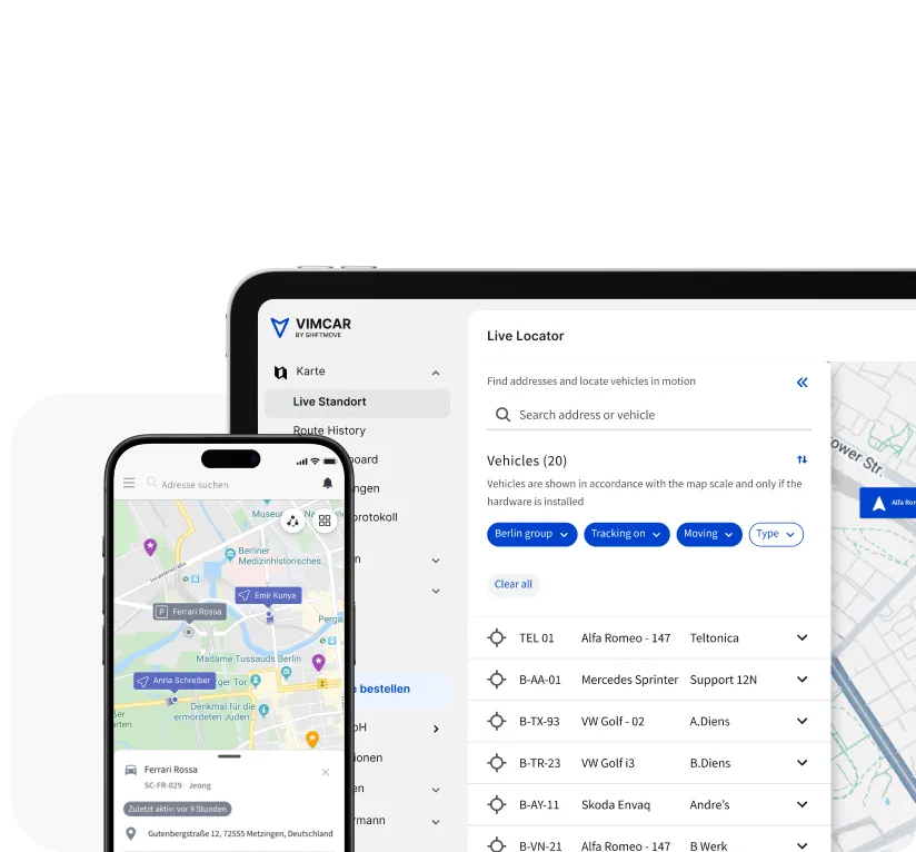 Ein Smartphone und ein Tablet, auf denen das Vimcar-Dashboard angezeigt wird