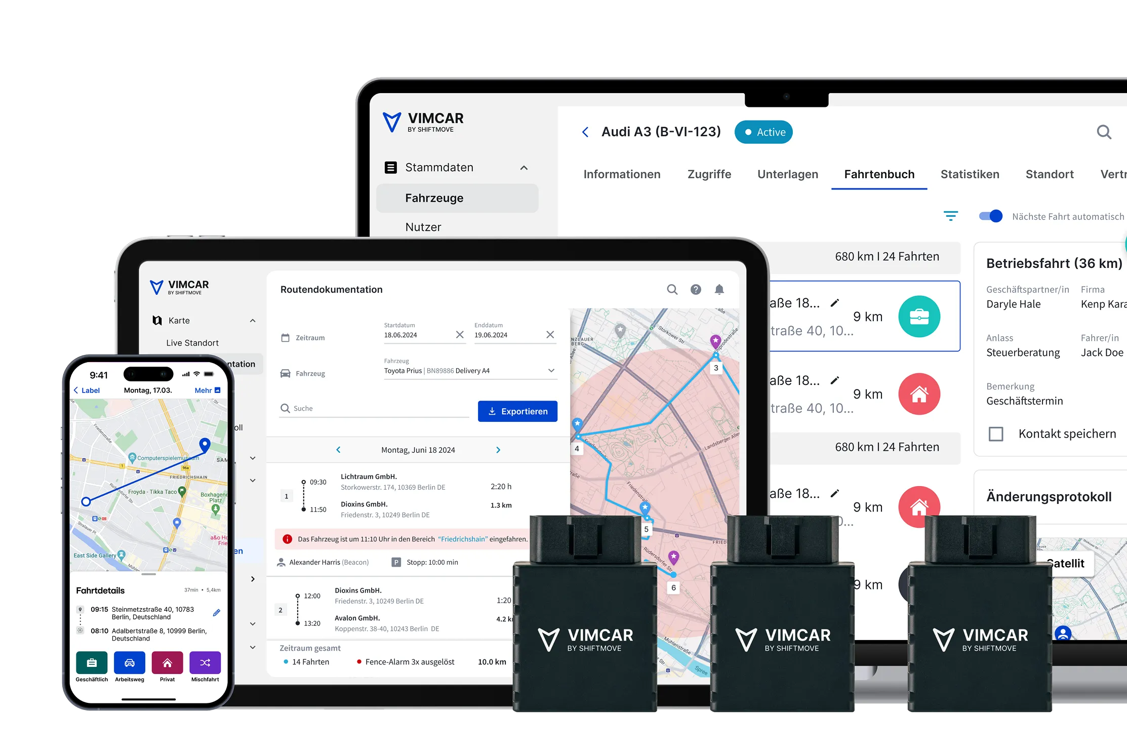 Vimcar Software auf einem Laptop und Mobilgeräten neben drei Vimcar Dongles dargestellt