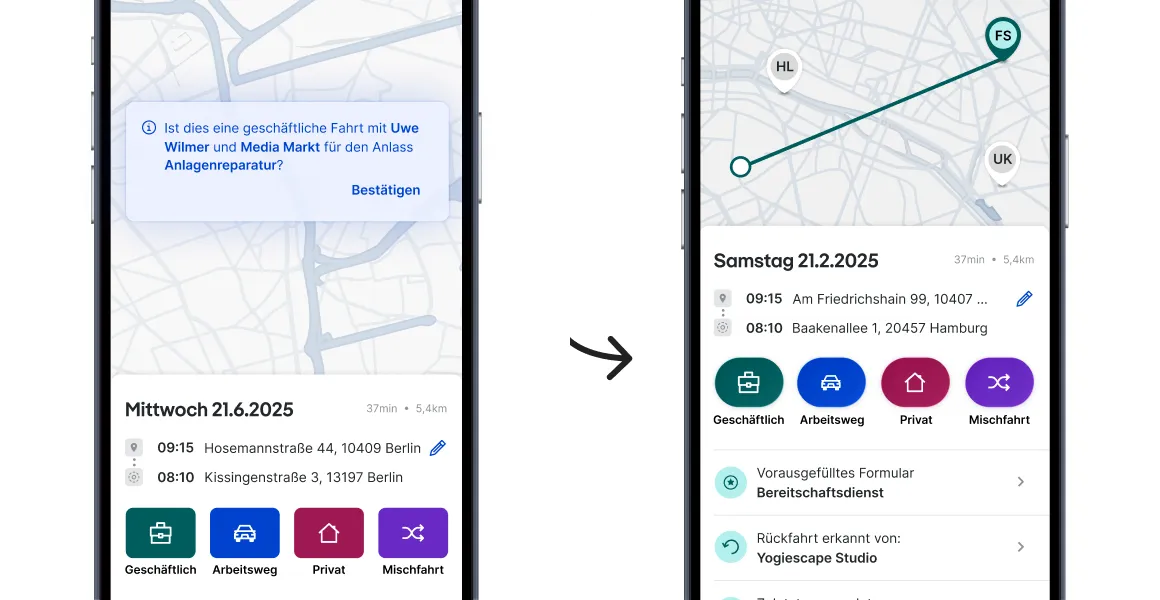 Fahrtenbuch-App auf zwei Smartphones: automatische Fahrterkennung und Kategorisierung von Fahrten\