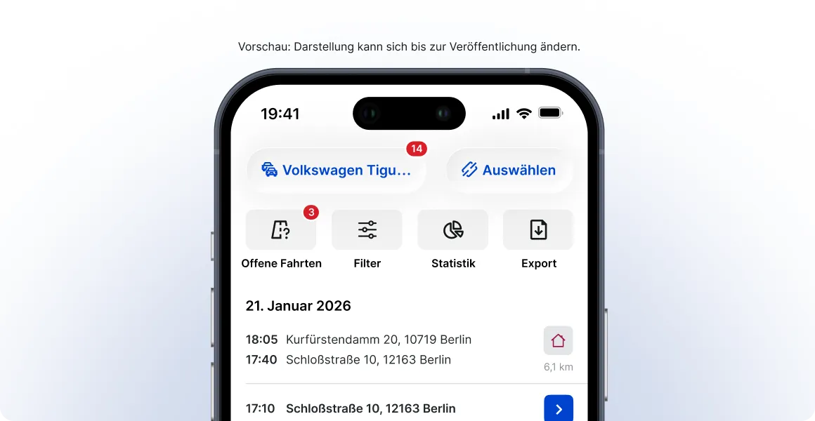 Fahrtenbuch-App mit Fahrzeugauswahl und den Funktionen Filter, Statistik und Export.