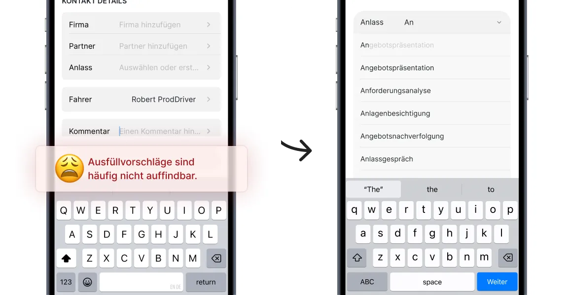 Fahrtenbuch-App: verbesserte automatische Ausfüllvorschläge beim Ausfüllen der Kontaktdetails.