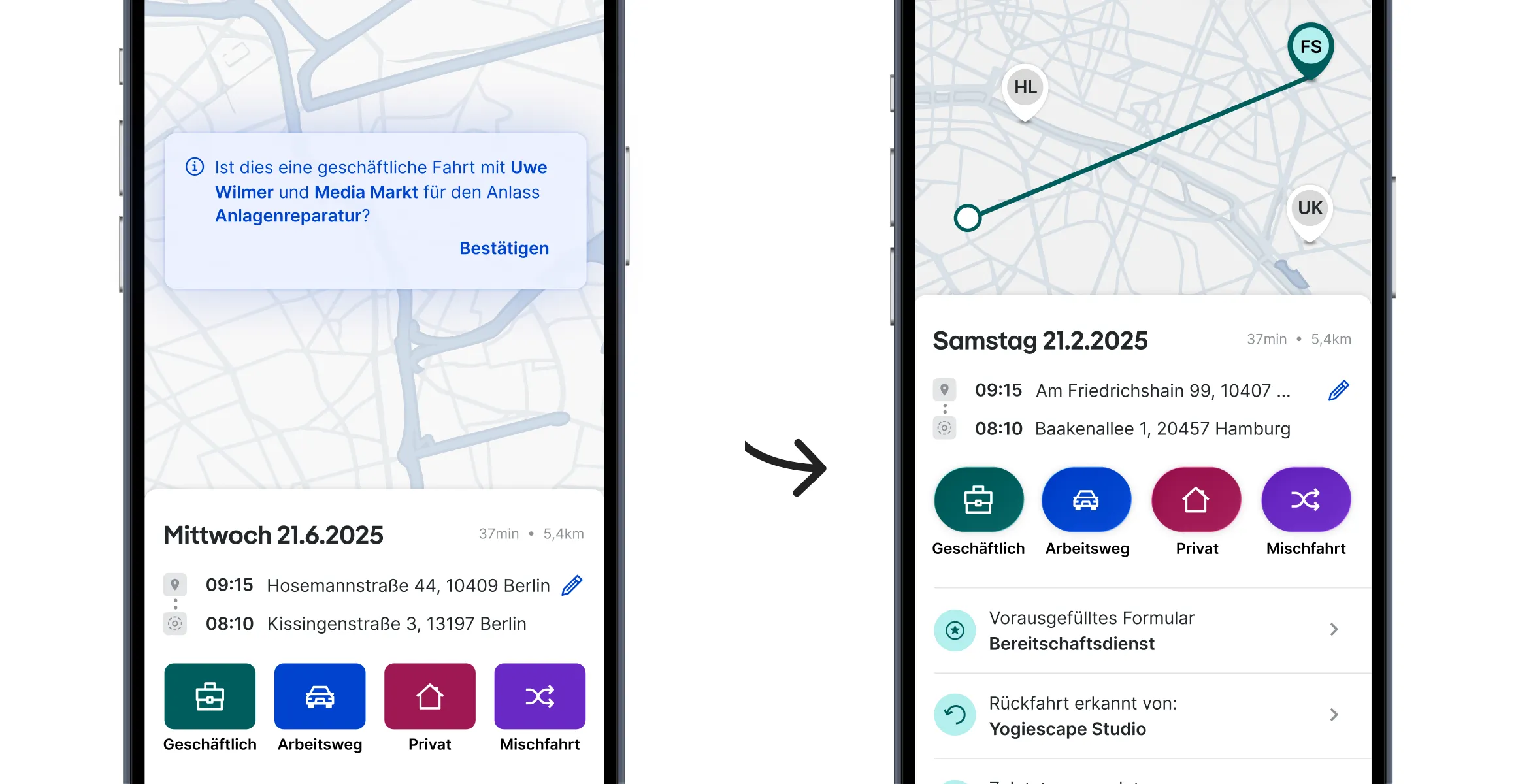 Fahrtenbuch-App auf zwei Smartphones: automatische Fahrterkennung und Kategorisierung von Fahrten\