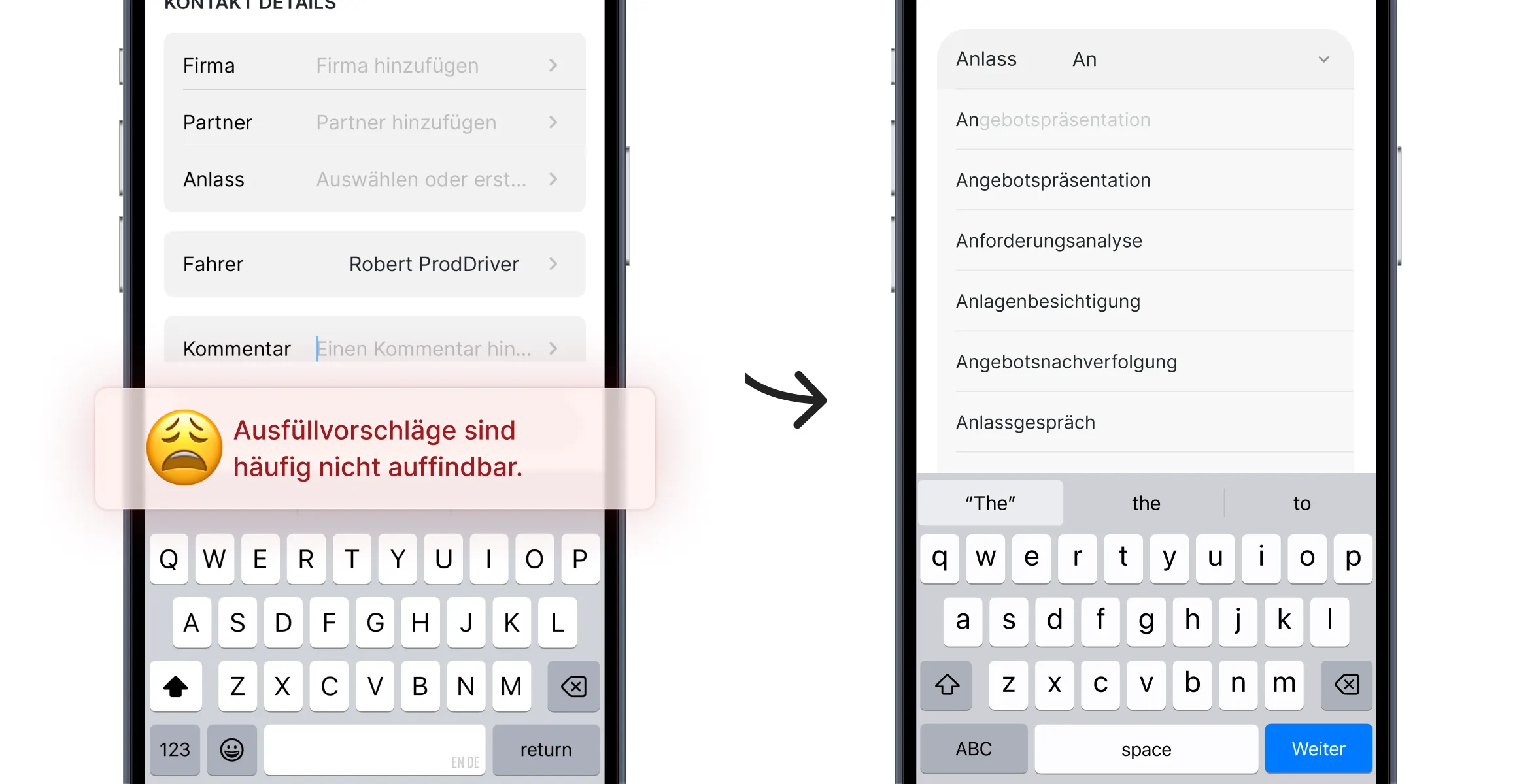 Fahrtenbuch-App: verbesserte automatische Ausfüllvorschläge beim Ausfüllen der Kontaktdetails.