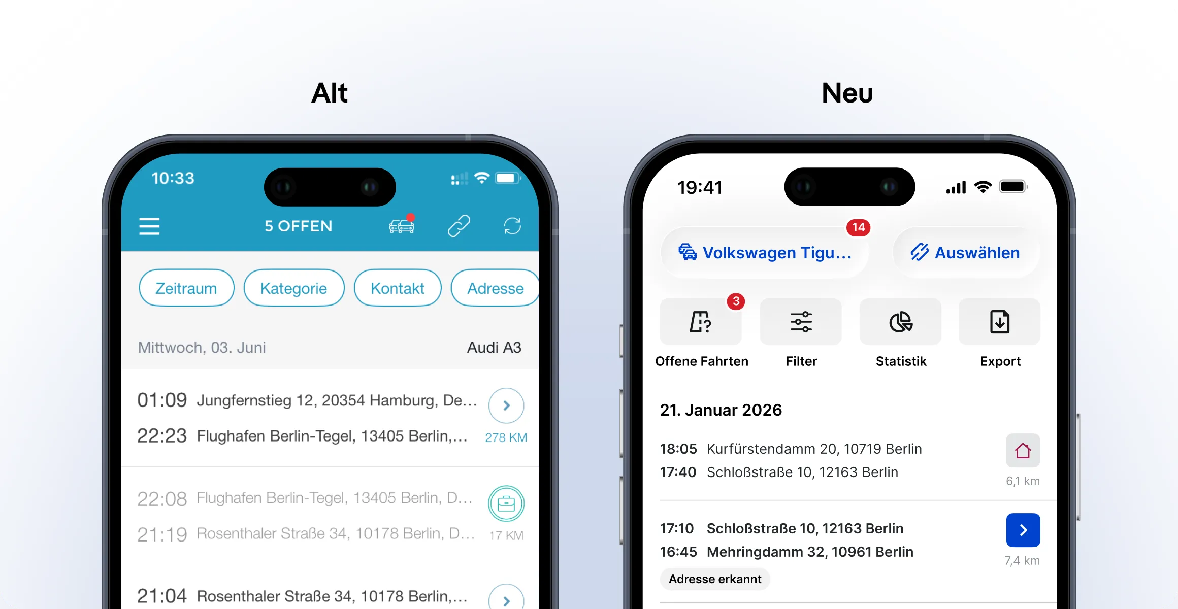 Fahrtenbuch-App mit Fahrzeugauswahl und den Funktionen Filter, Statistik und Export.