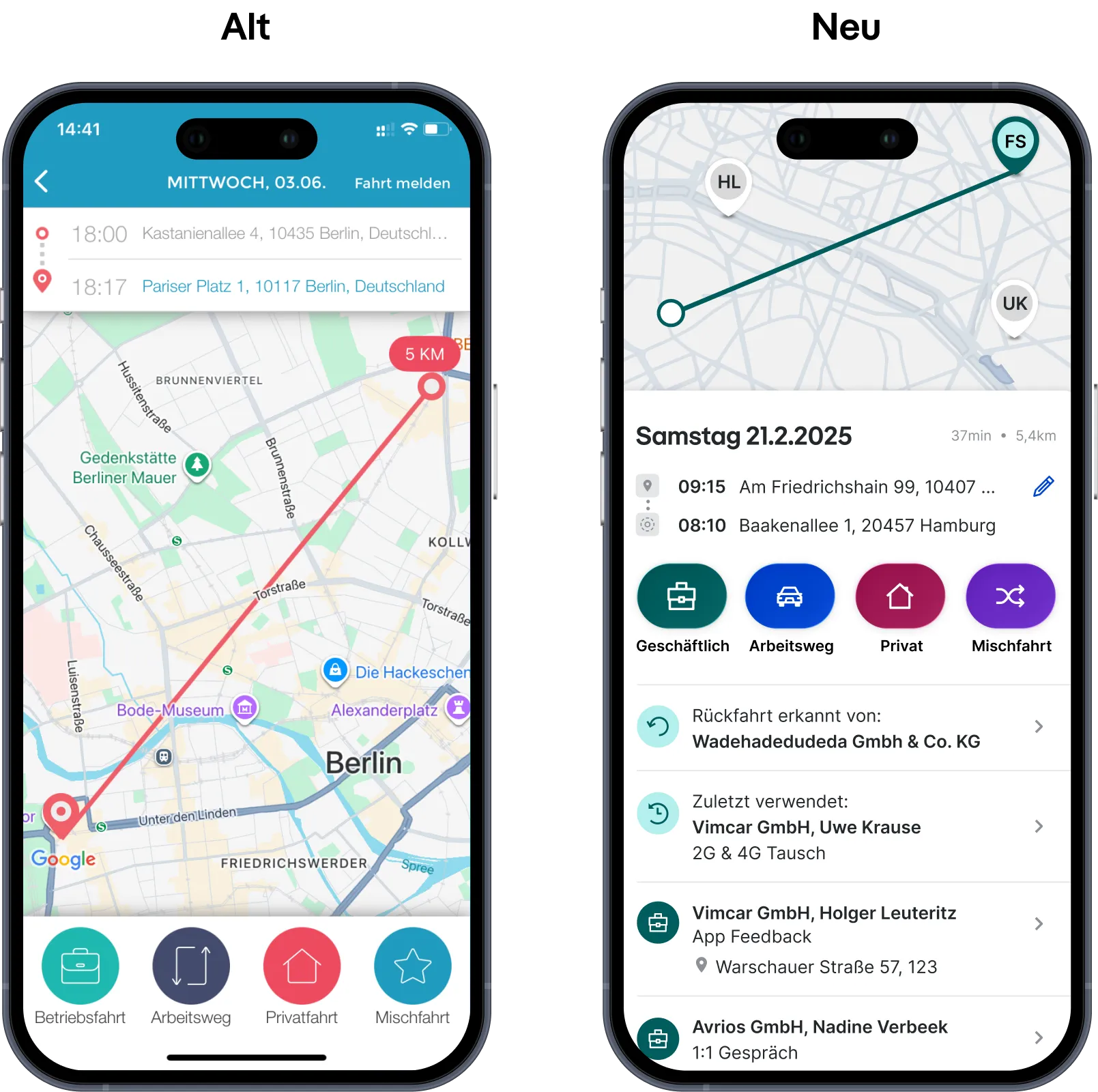 Fahrtenbuch-App auf zwei Smartphones: automatische Fahrterkennung und Kategorisierung von Fahrten\
