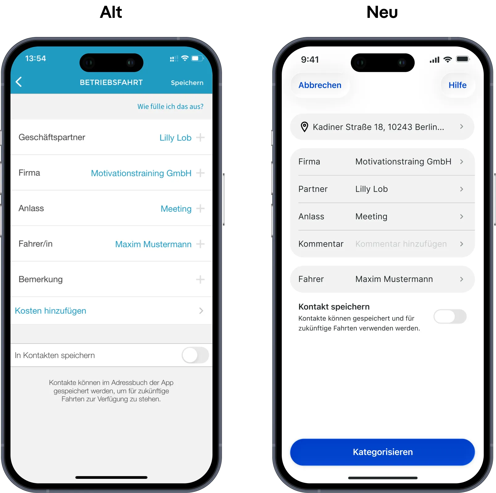 Fahrtenbuch-App: verbesserte automatische Ausfüllvorschläge beim Ausfüllen der Kontaktdetails.