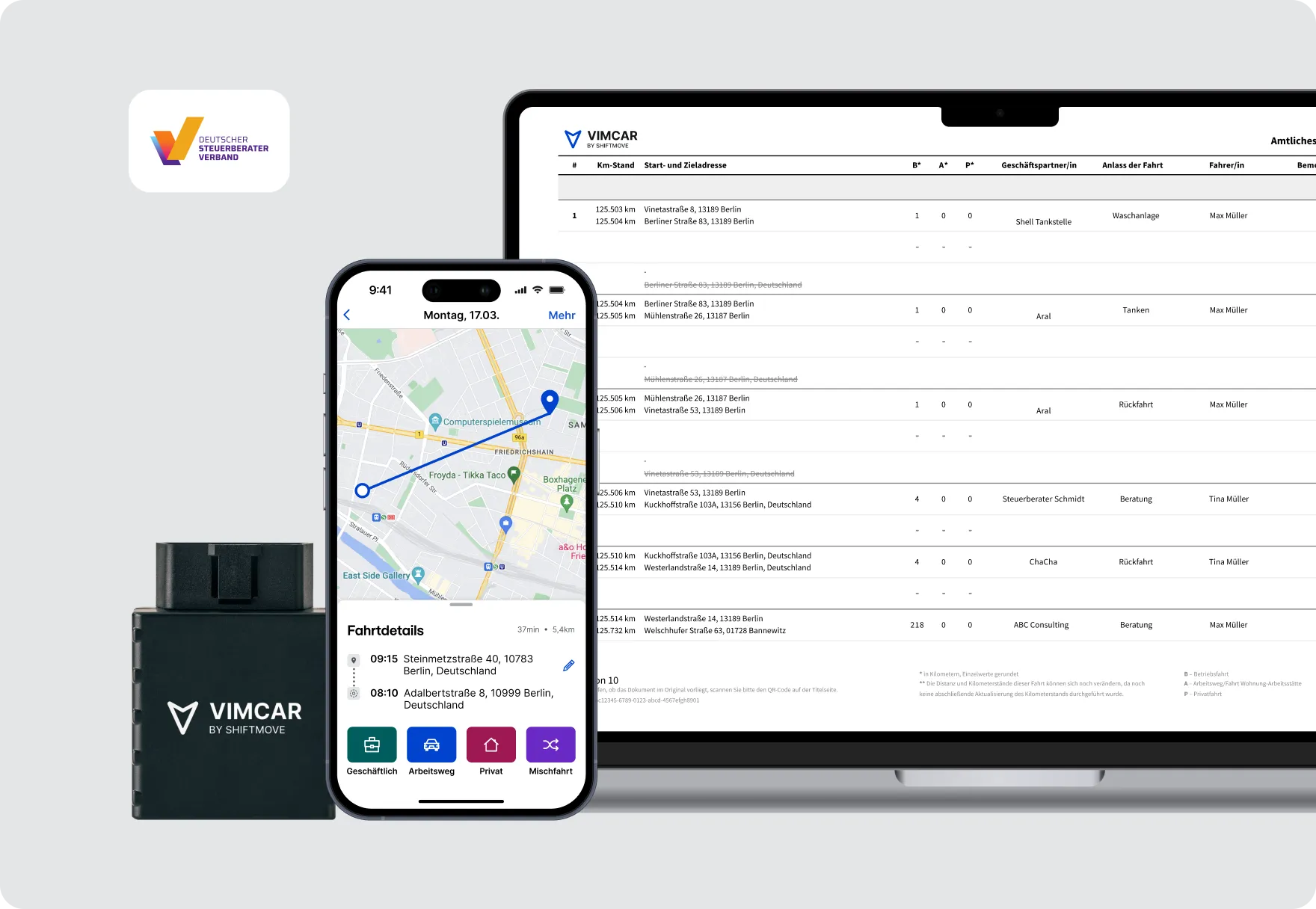 Vimcar Dashboard wird auf einem Tablet und einem mobilen Gerät angezeigt.