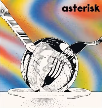 An artist rendering of a fork and knife cutting into a metal ball and the ball is shattering.