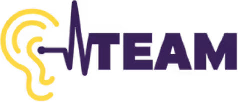 TEAM logo. A line-style illustration of an ear in yellow, with purple sound waves morphing into the word "TEAM" coming out of it.