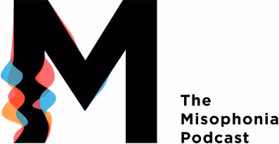 Misophonia podcast logo. A large, black "M" with abstract, multi-colored waves surrounding it and "The Misophonia Podcast" written to the right in small, black text.