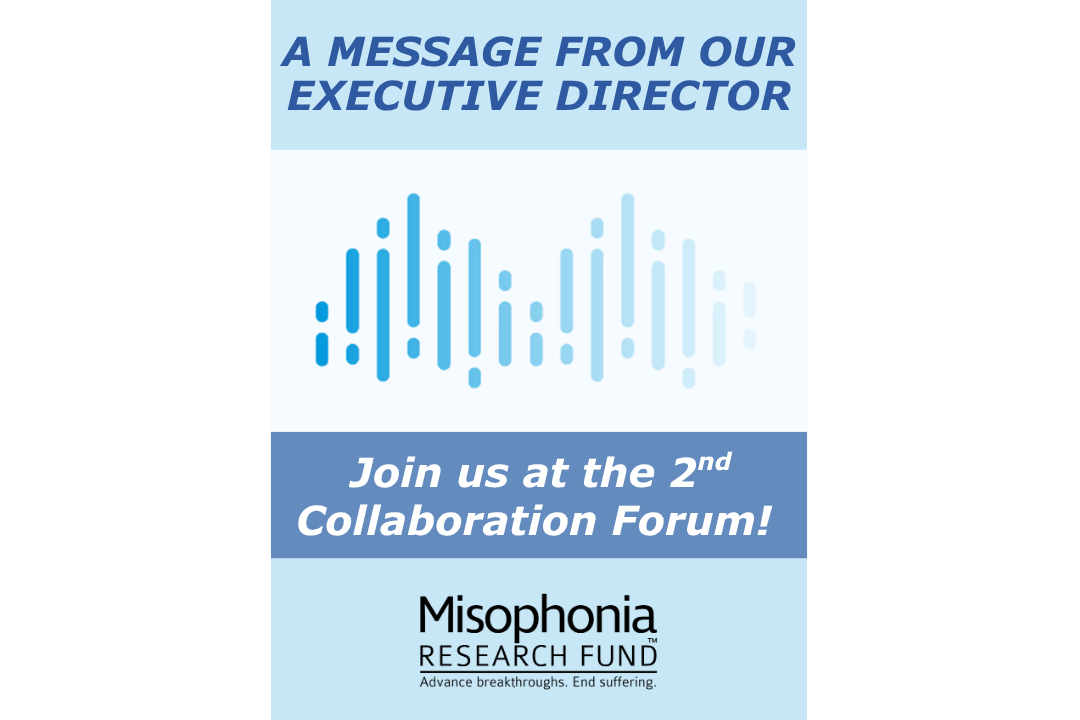 "A message from our executive director: Join us for the 2nd Collaboration Forum" and a sound wave form graphic